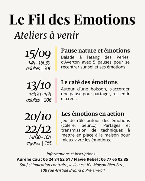 ATELIERS ÉMOTIONS PAR FLAVIE REBEL PSYCHOLOGUE ET AURÉLIE CAU REFLEXOLOGUE