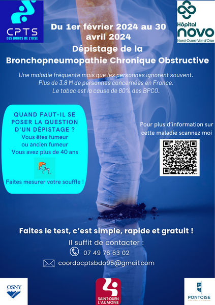 La campagne de dépistage de la BPCO (Bronchopneumopathie Chronique Obstructive) du 1er février au 30 avril 2024.