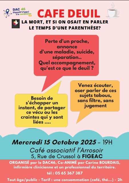Café deuil organisé par le DAC 46 à Figeac le 15 octobre 2025